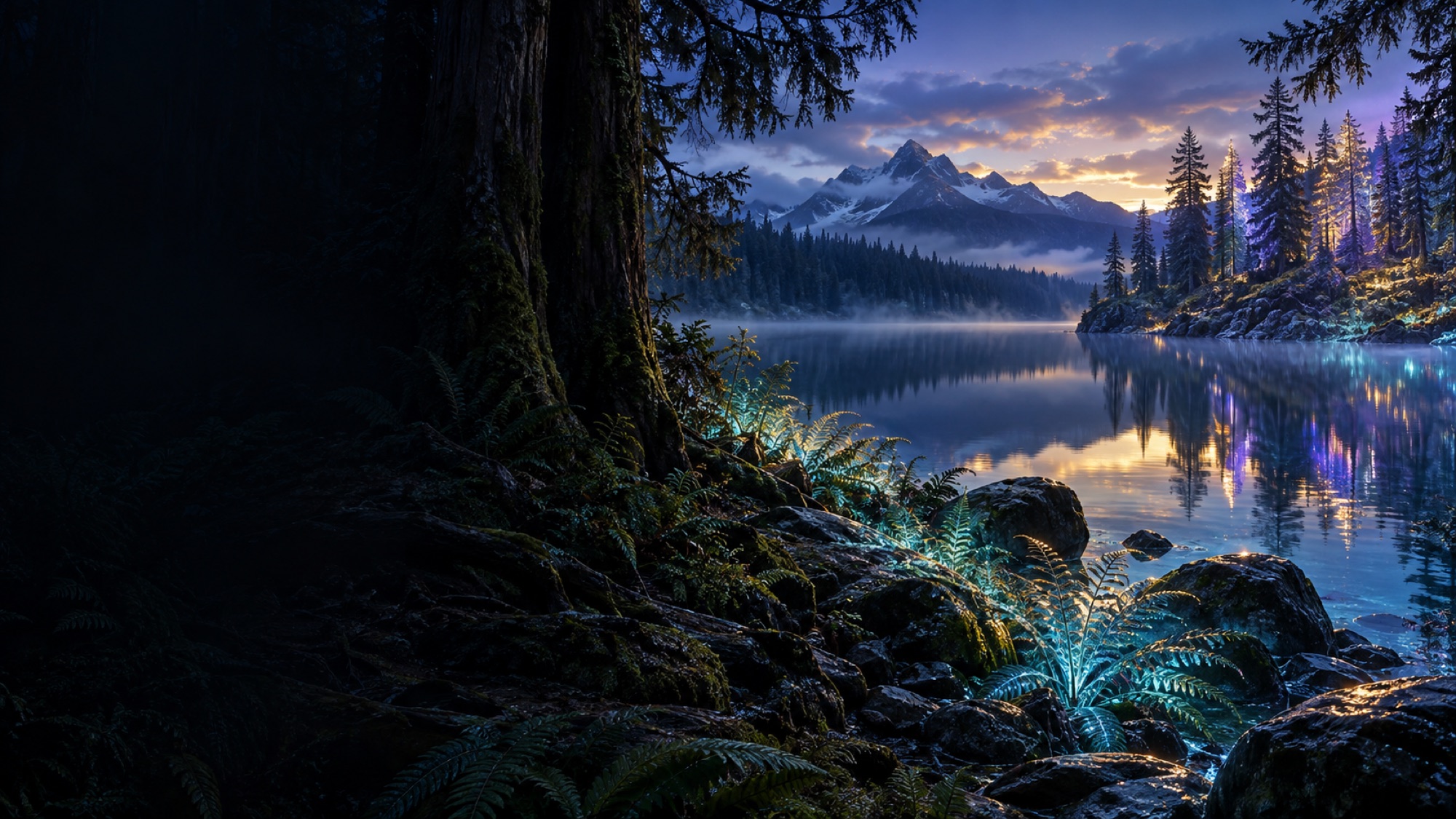 A still forest lake at dusk beneath mountains, with ferns and shoreline lit in cyan and violet.